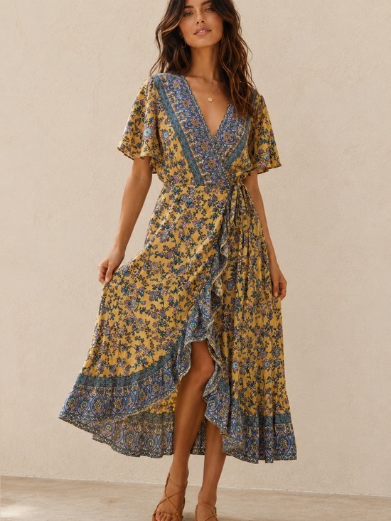 Aura Dresses & Skirts - Aura Boho Floral Wrap Midi Dress Yellow Paisley Border Rayon Size L
